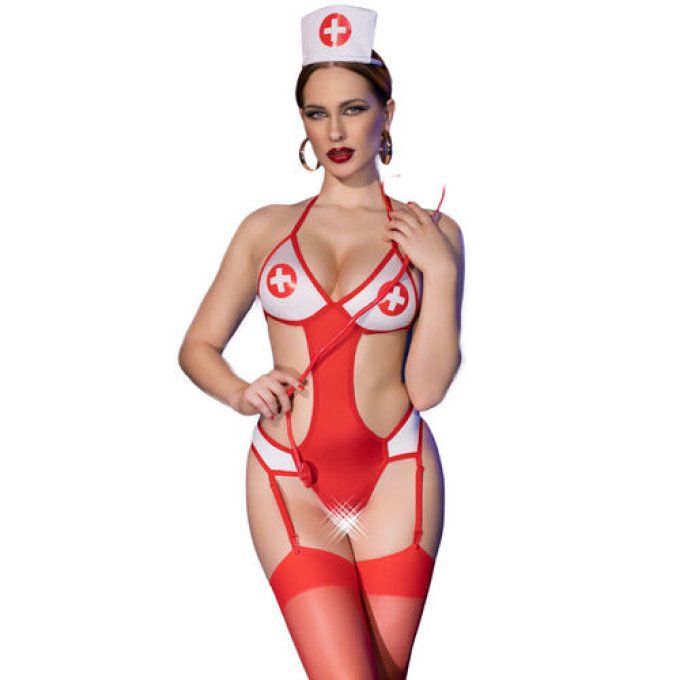 CHILIROSE - CR 4631 ENSEMBLE BODY INFIRMIÈRE SANS CROTCHLESS ROUGE