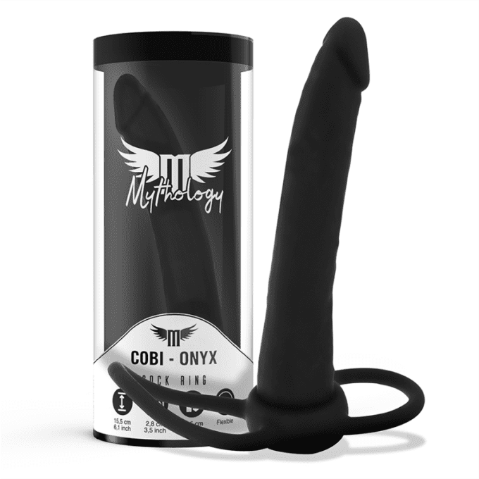 MYTHOLOGY - GODE ANAL COBI ONYX AVEC ANNEAU DE BITE ET TESTICULE 13 CM EN SILICONE