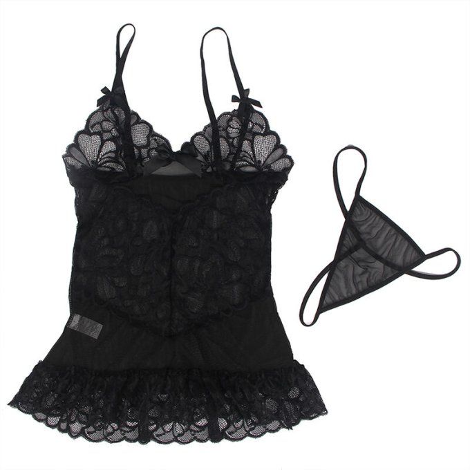 SUBBLIME - BABYDOLL BRETELLES RÉGLABLES ET DENTELLE TRANSPARENTE IMPRIMÉ FLORAL NOIR