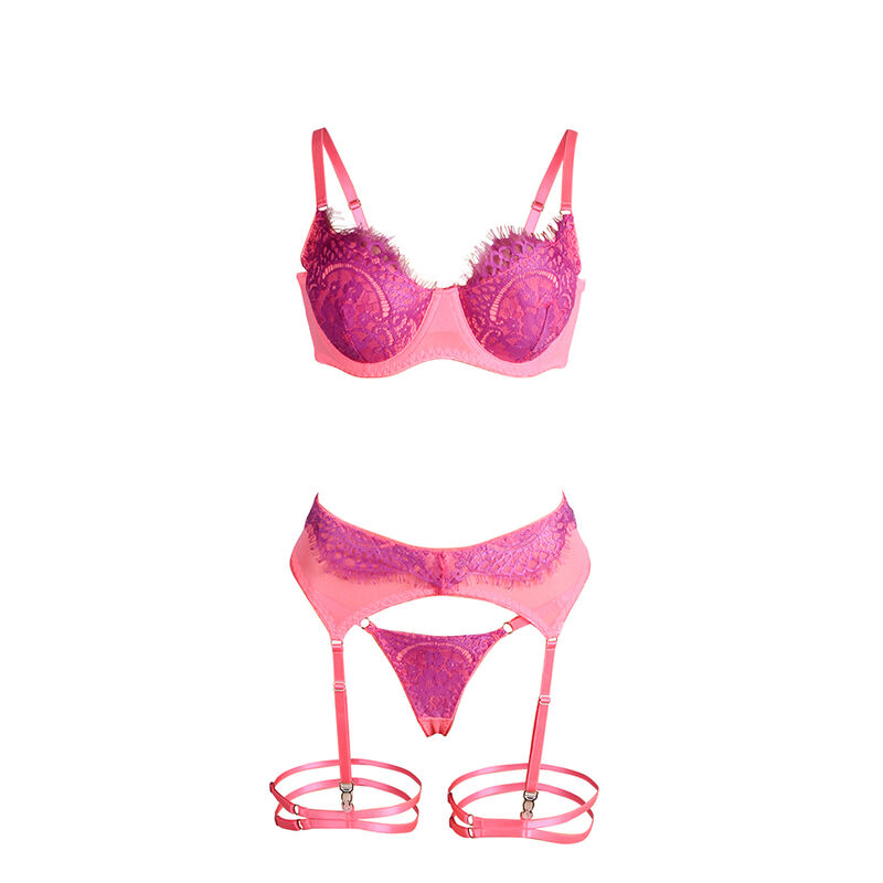 SUBBLIME - 955359 ENSEMBLE SOUTIEN-GORGE AVEC DENTELLE ET LIENS JARRETELLES ROSE ET VIOLET5
