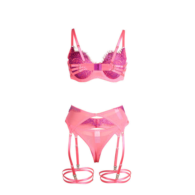 SUBBLIME - 955359 ENSEMBLE SOUTIEN-GORGE AVEC DENTELLE ET LIENS JARRETELLES ROSE ET VIOLET6