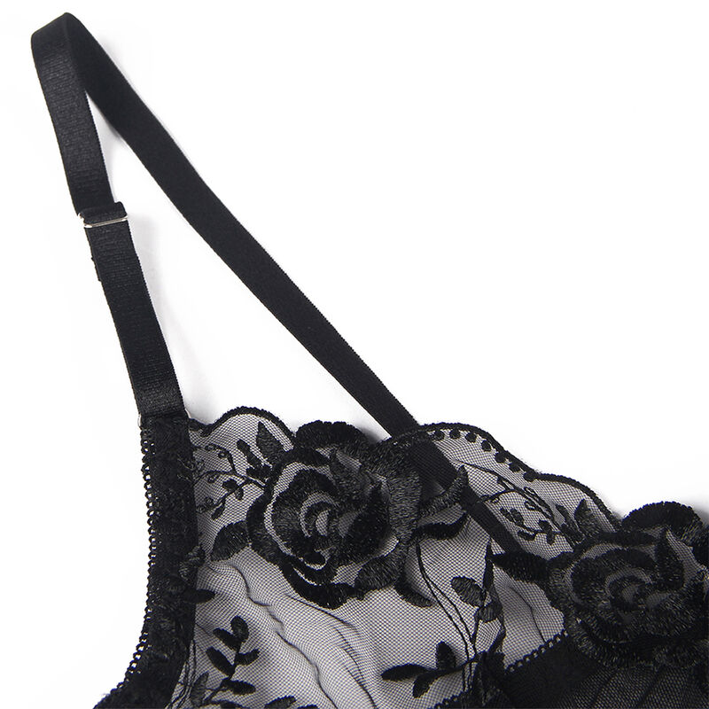 SUBBLIME - ENSEMBLE 3 PIÈCES SOUTIEN-GORGE + STRING + JARRETIÈRE IMPRIMÉ FLORAL NOIR10