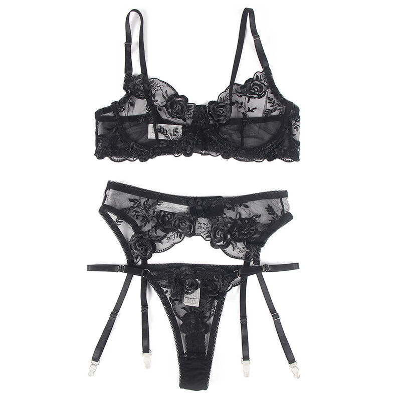 SUBBLIME - ENSEMBLE 3 PIÈCES SOUTIEN-GORGE + STRING + JARRETIÈRE IMPRIMÉ FLORAL NOIR3