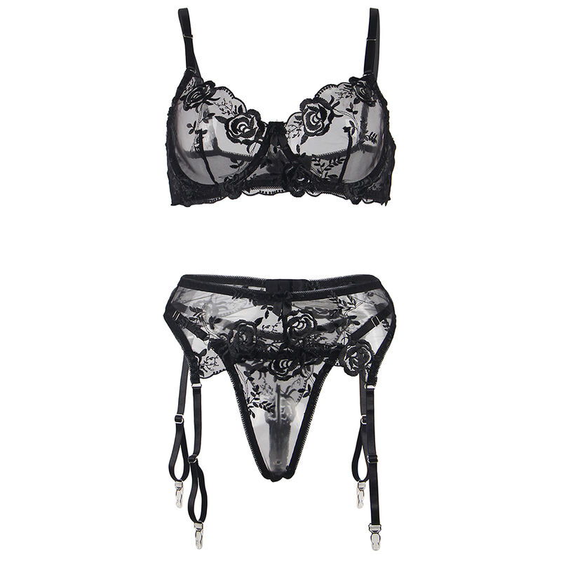SUBBLIME - ENSEMBLE 3 PIÈCES SOUTIEN-GORGE + STRING + JARRETIÈRE IMPRIMÉ FLORAL NOIR4