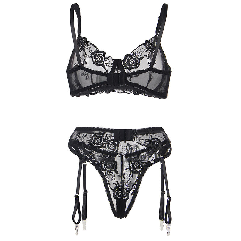SUBBLIME - ENSEMBLE 3 PIÈCES SOUTIEN-GORGE + STRING + JARRETIÈRE IMPRIMÉ FLORAL NOIR5