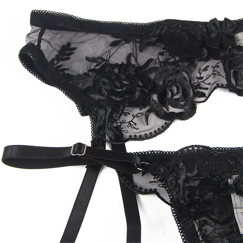 SUBBLIME - ENSEMBLE 3 PIÈCES SOUTIEN-GORGE + STRING + JARRETIÈRE IMPRIMÉ FLORAL NOIR7