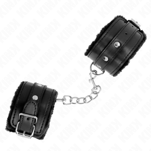 KINK - MENOTTES-POIGNETS DOUBLÉS DE FOURRURE PREMIUM NOIR AVEC CEINTURE NOIRE RÉGLABLE1