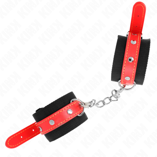 KINK - MENOTTES POIGNETS EN NYLON NOIR AVEC CUIR ROUGE1