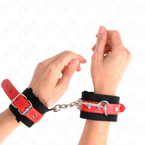 KINK - MENOTTES POIGNETS EN NYLON NOIR AVEC CUIR ROUGE3